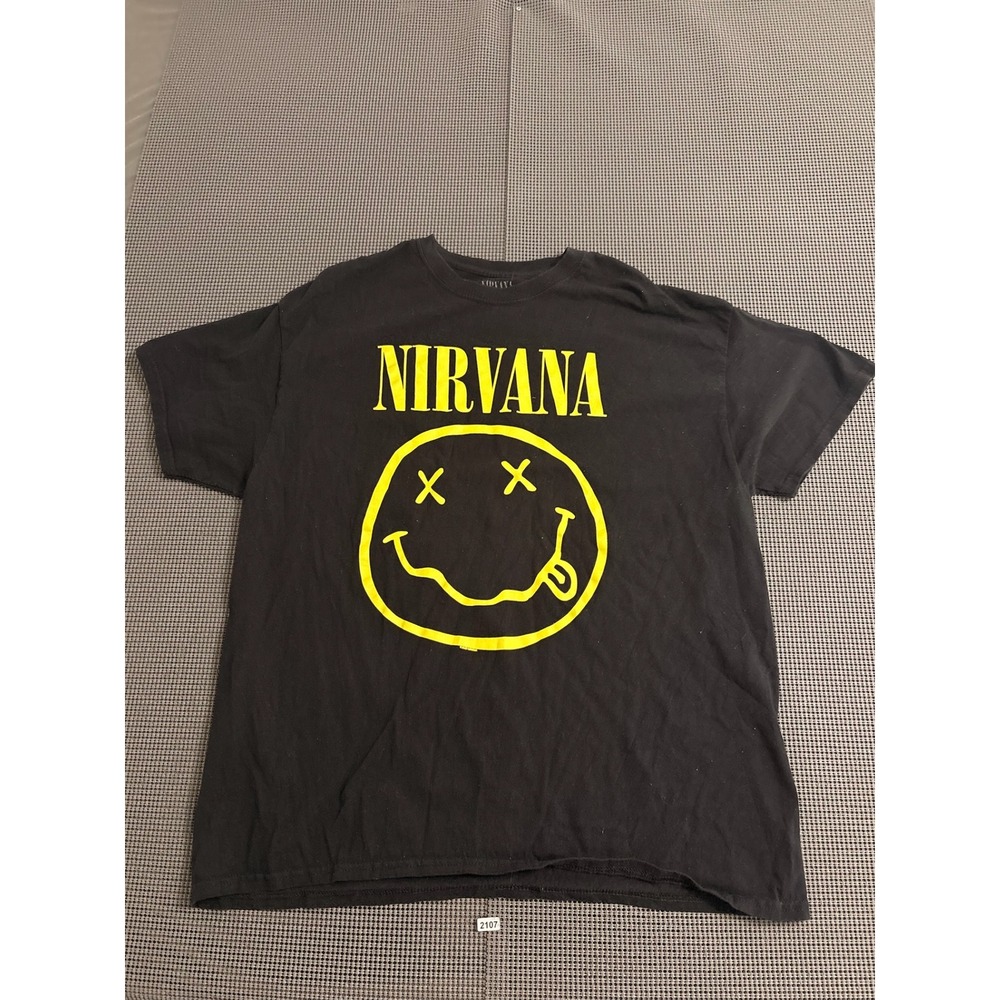Nirvana Smiley Face Graphic Band T-Shirt Black Yellow Mens XL 100% Cotton
